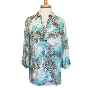 JM Collection Women's 14 100% Linen Clouds Aqua Gray Button Down Blouse Top